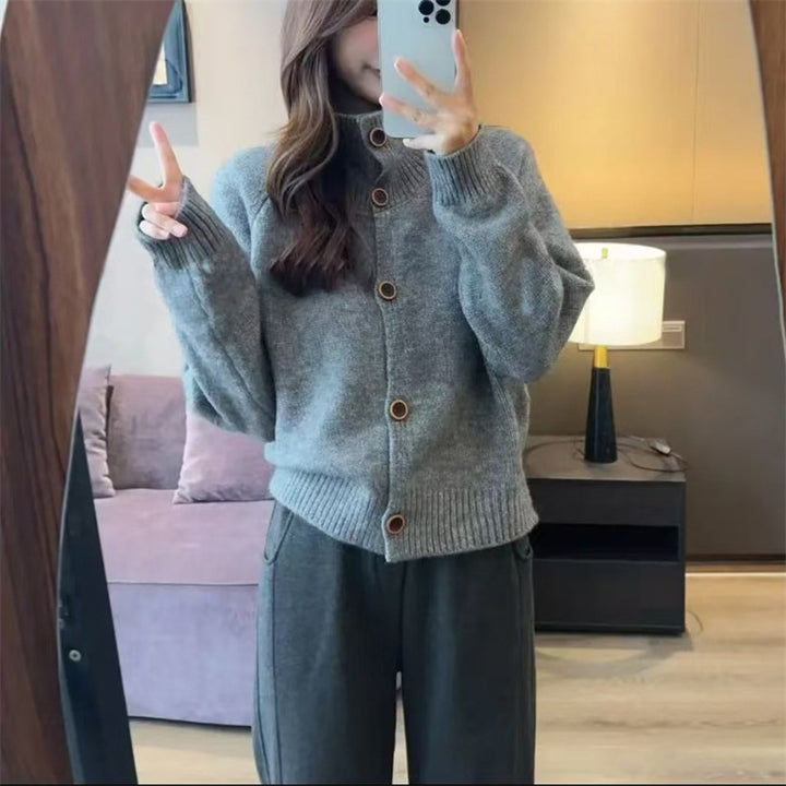 Lady cozy high collar cardigan with button details Lune London