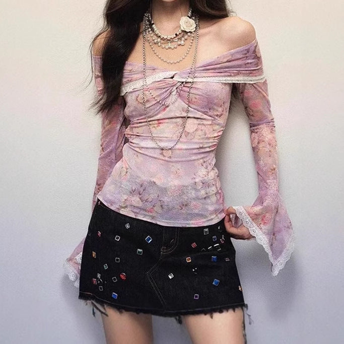 Women's blouse with off-shoulder design and floral patterns Lune London