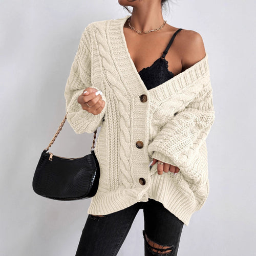 Ladies chunky knit cardigan with wide sleeves and button details Lune London