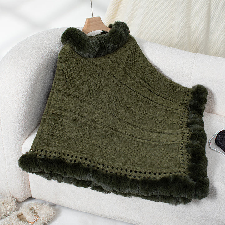 Ladies cozy knit poncho with plush velvet trim Lune London