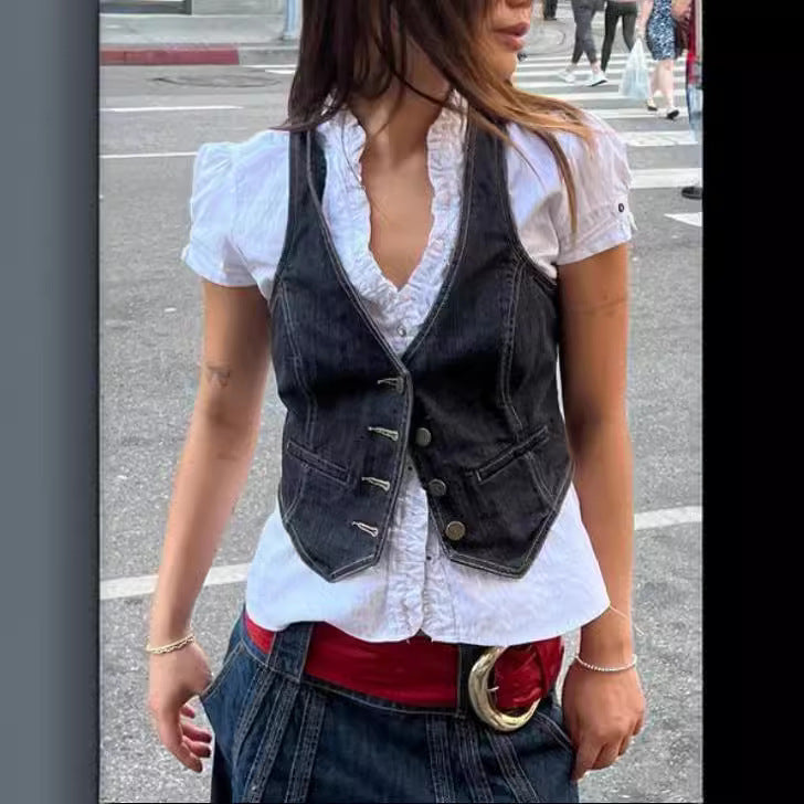 Women’s denim vest with fine button details and practical pockets Lune London