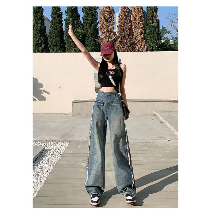 Jean en denim à coupe large pour femmes avec franges et jambes hautes Chic & Stil