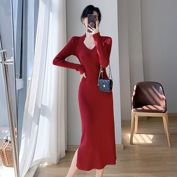 Robe longue à manches longues pour femmes avec décolleté en V et fente latérale Chic & Stil