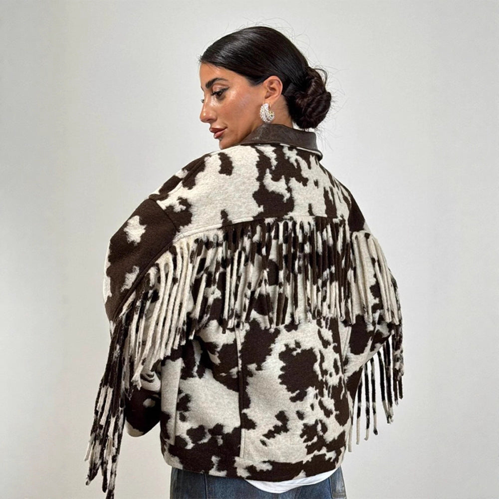 Fringed oversized jacket for women with cow print Lune London