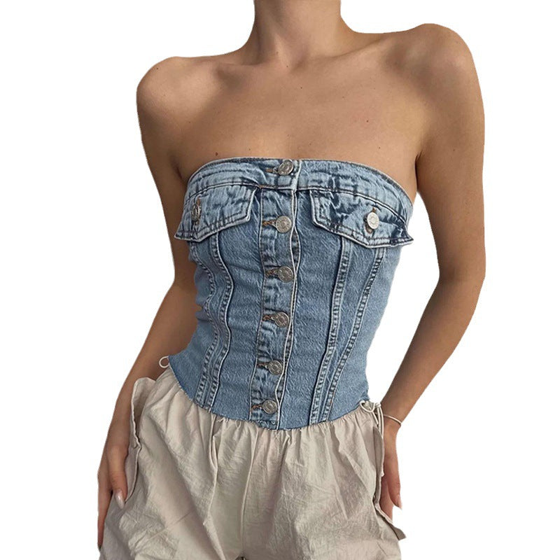 Lune London women's denim bustier top with button closure