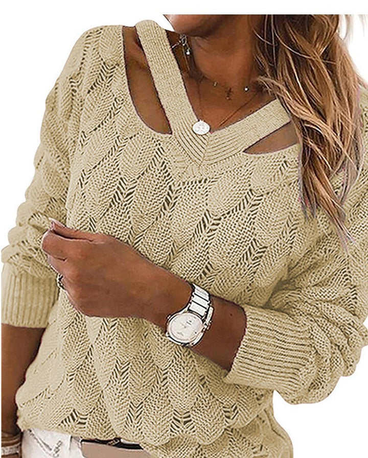 Knitted sweater for women with V-neck and refined ribbed structure Lune London