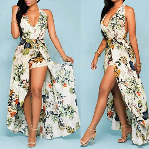 Lune London tropical print high slit maxi dress for women