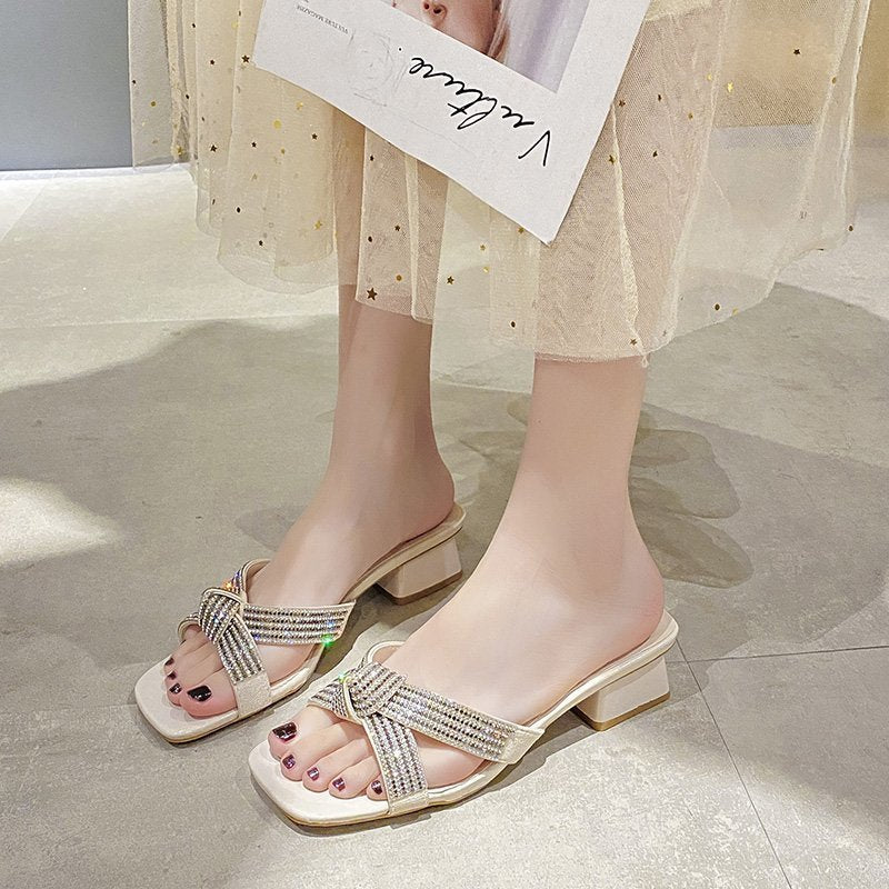 Elegant ladies' sandals with rhinestone embellishments and comfortable block heel Lune London