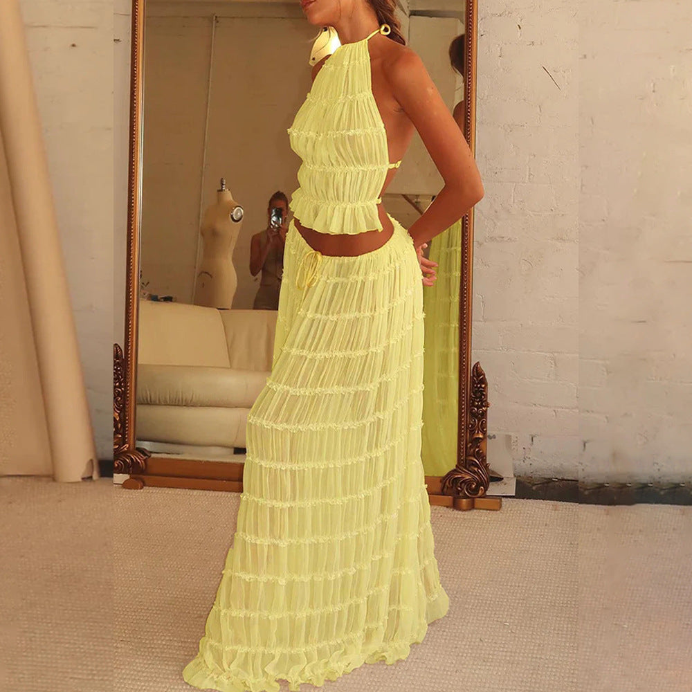 Maxi skirt and crop-top set for women with a playful ruffled design Lune London