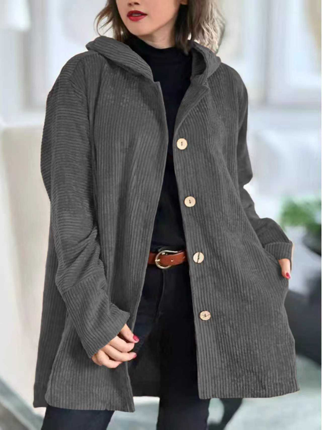 Ladies Fleece-Hoodie-Coat with button placket and ribbed design Lune London