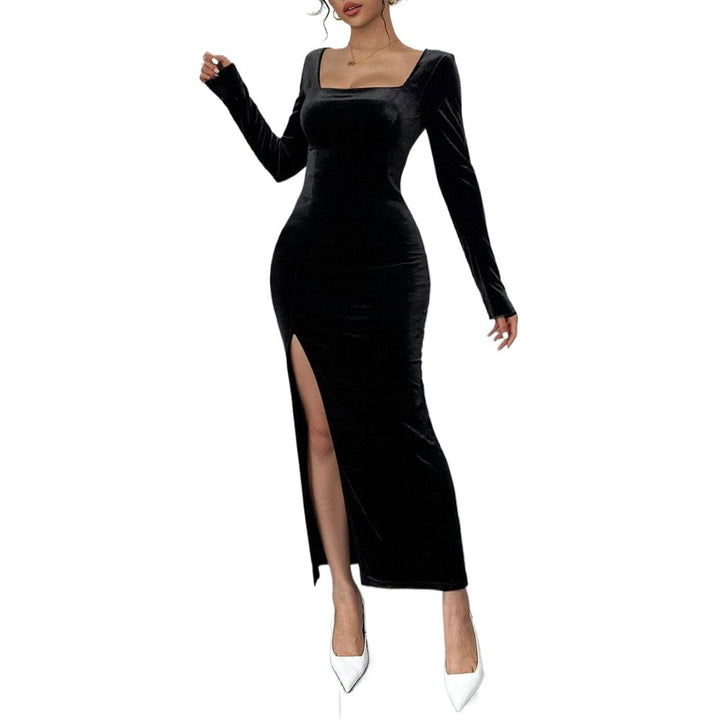 Robe maxi en velours pour femmes avec décolleté en V profond et fente élégante Chic & Stil