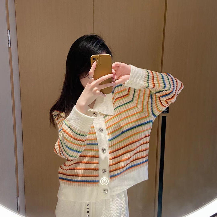 Striped knit jacket for women with stylish collar and shiny buttons Lune London