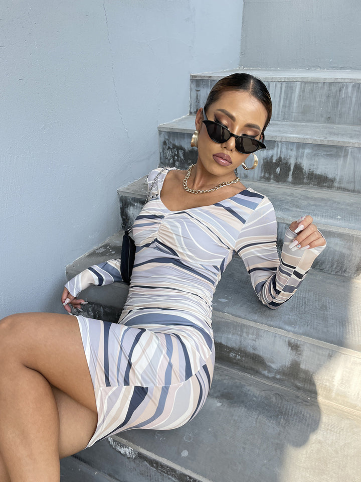 Ladies Long Sleeve Abstract Print Mini Dress Lune London