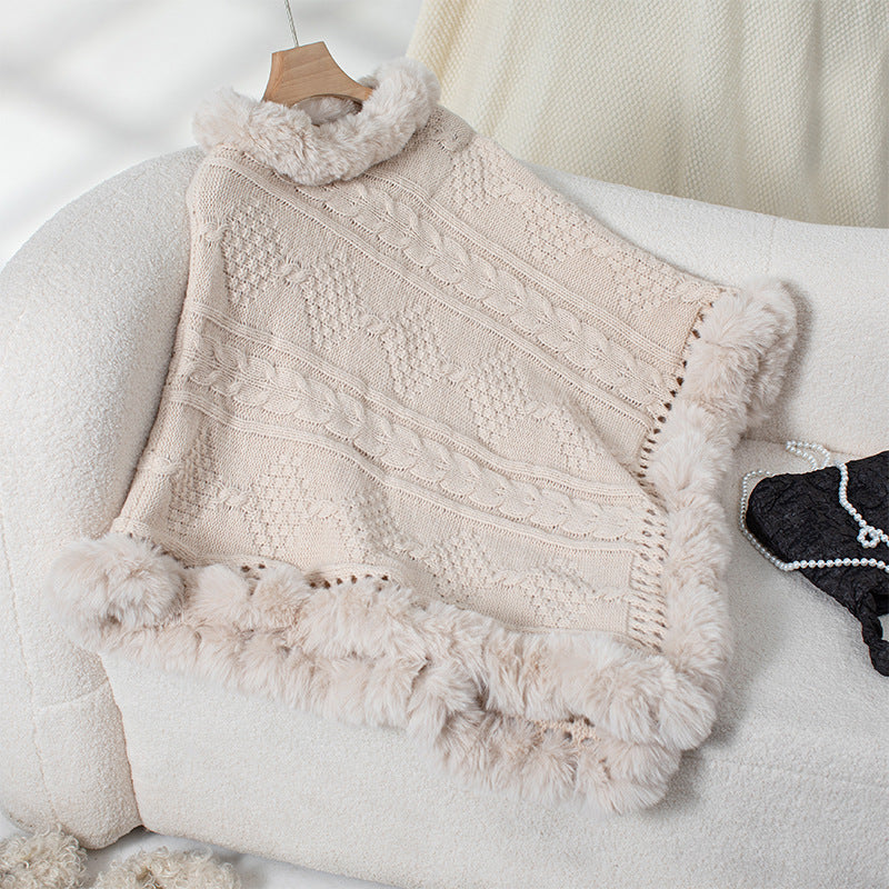 Ladies cozy knit poncho with plush velvet trim Lune London