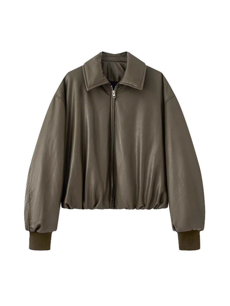 Quilted jacket for women in faux leather with high collar and elastic cuff Lune London