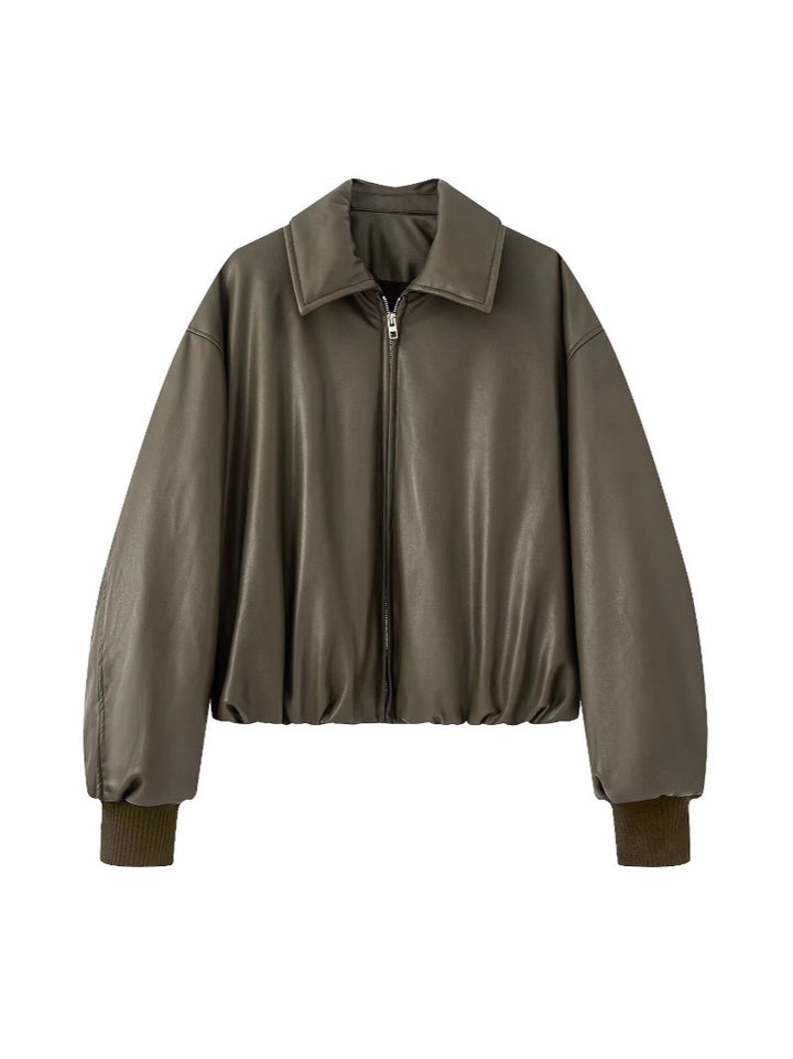 Quilted jacket for women in faux leather with high collar and elastic cuff Lune London