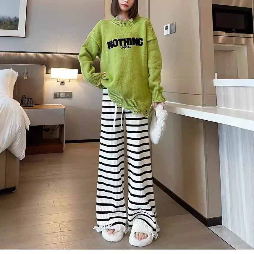 Ladies Elegant Striped Palazzo Pants in Ribbed Knit Lune London