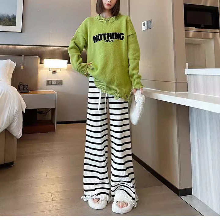 Ladies Elegant Striped Palazzo Pants in Ribbed Knit Lune London