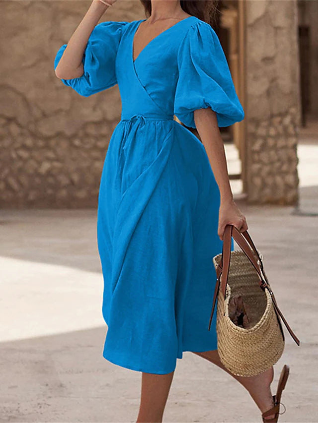 Maxi wrap dress for women with puff sleeves and a tie belt Lune London
