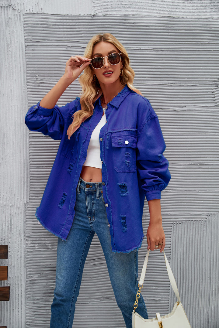 Oversized denim jacket for women with modern distressed details Lune London