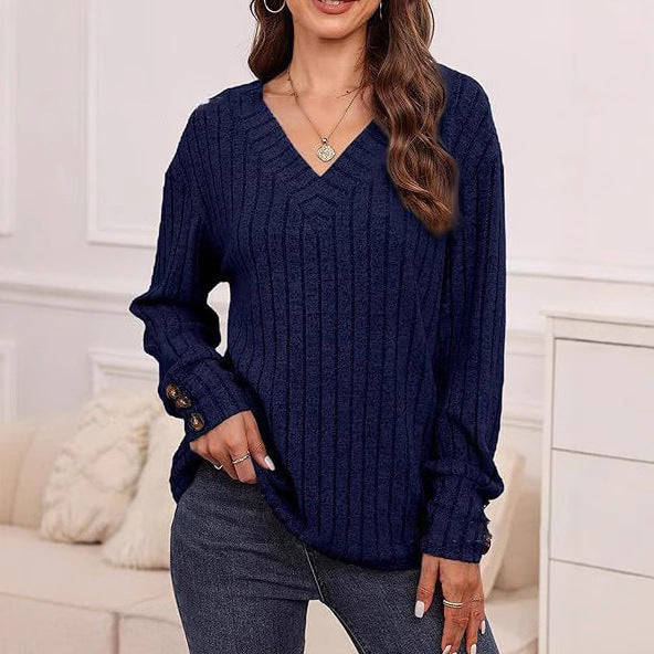 Knit sweater for women with V neckline and decorative button details Lune London