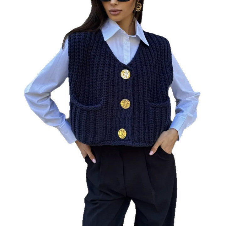 Knitted ladies' vest with golden buttons and pockets Lune London