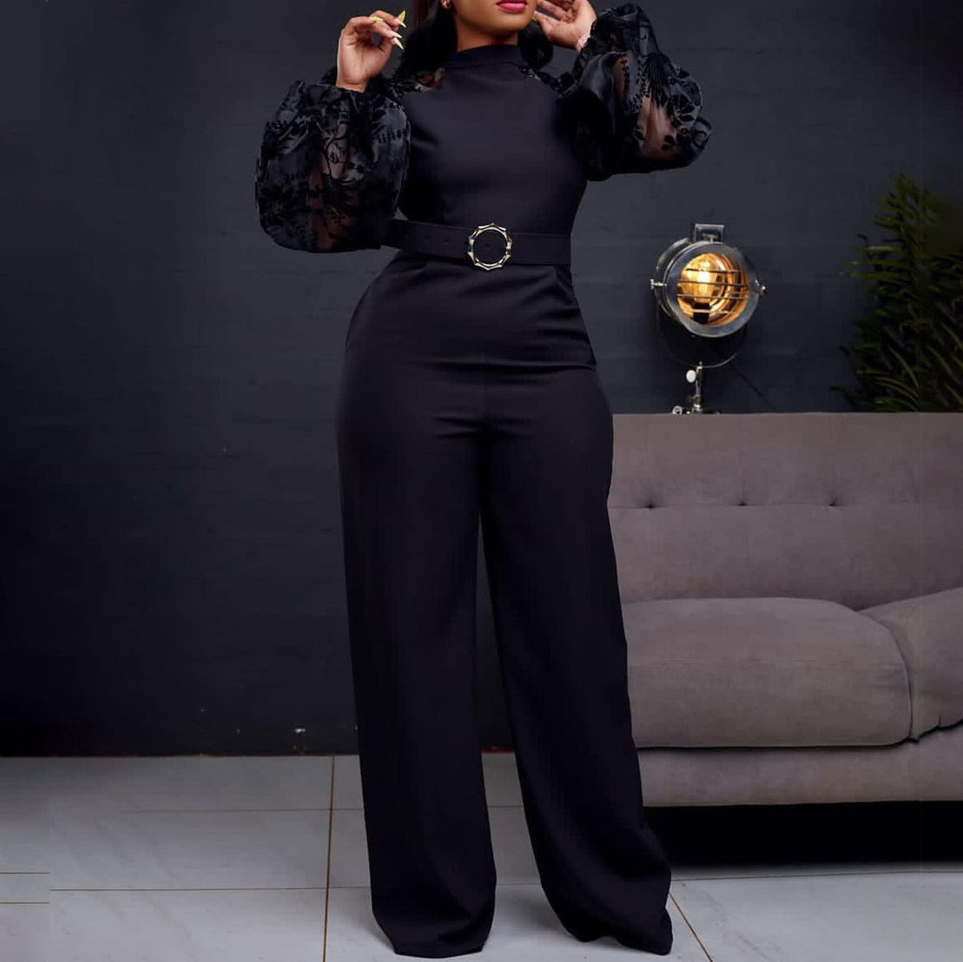 Ladies Elegant Jumpsuit with Sheer Sleeves and a Fitted Belt Lune London