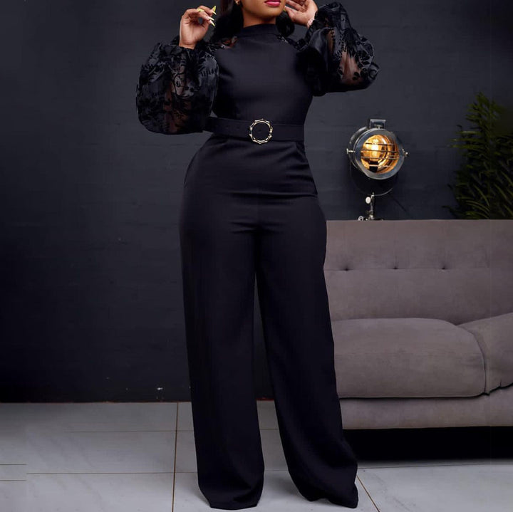 Ladies Elegant Jumpsuit with Sheer Sleeves and a Fitted Belt Lune London