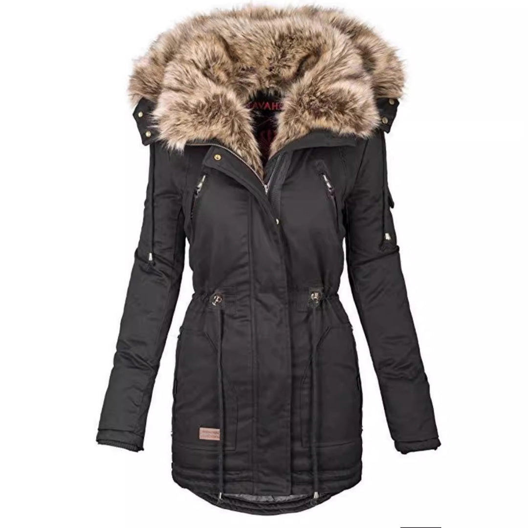 Parka women lined with removable faux fur collar and practical zippered pockets Lune London