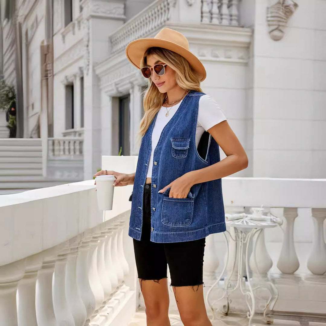 Oversized casual design women's denim jacket with practical pockets and Lune London button details