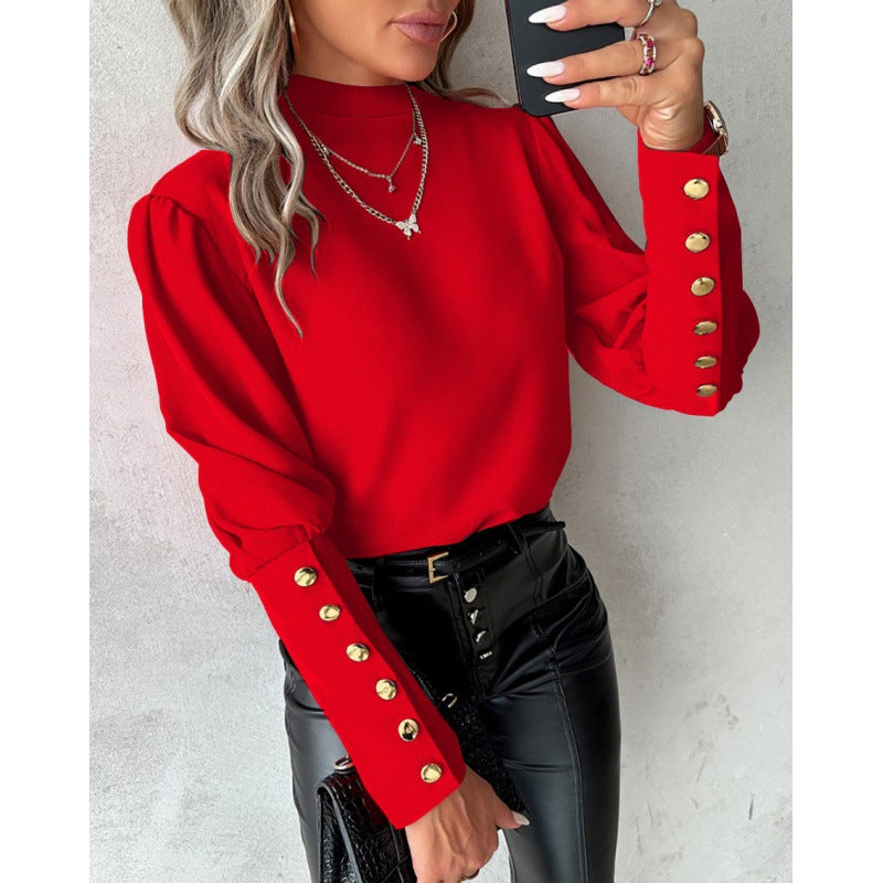 Elegant blouse for women with puff sleeves and golden button details Lune London