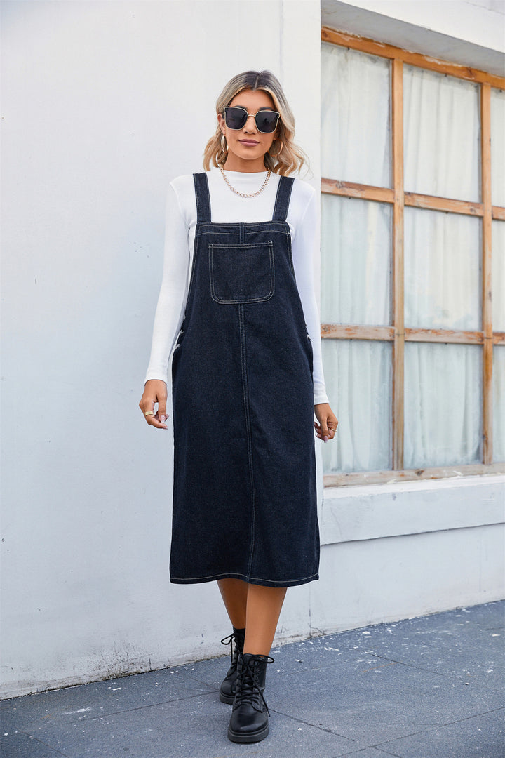 Lune London women's denim strap dress with practical side pockets and modern cut