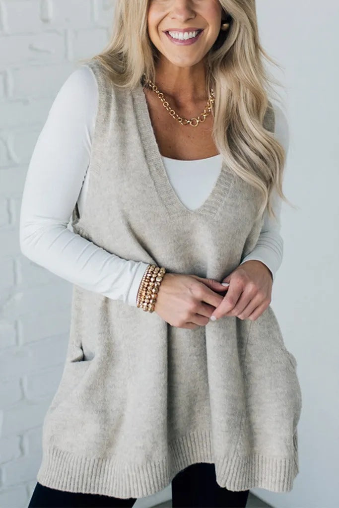 Ladies Knitted Fashion Vest with V-Neck and Practical Pockets Lune London
