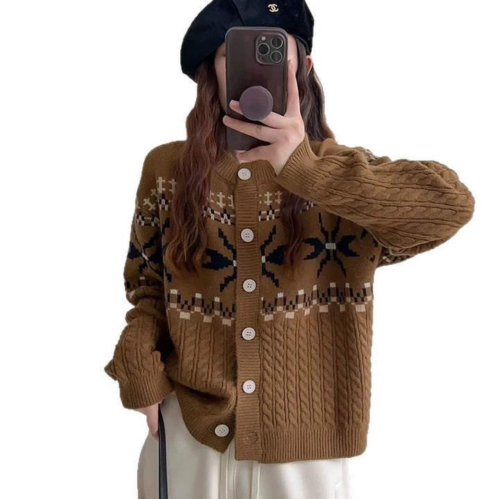 Chunky knit cardigan for women with decorative cable pattern and button details Lune London