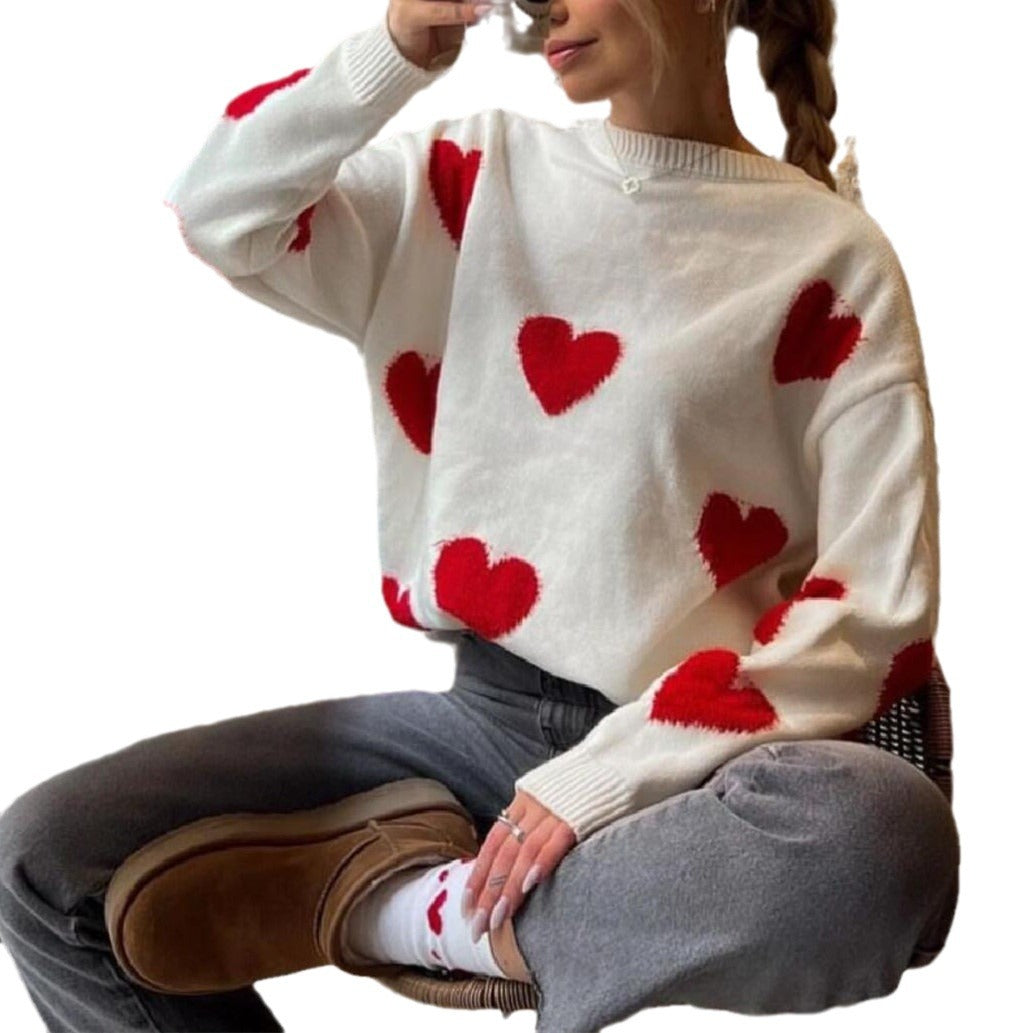 Ladies Comfortable Sweater with Chic Heart Pattern and Style