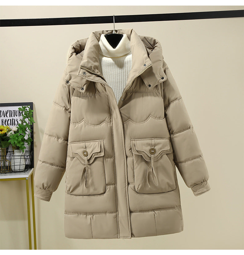 Ladies Long Puffer Jacket with practical hood collar and large pockets Lune London