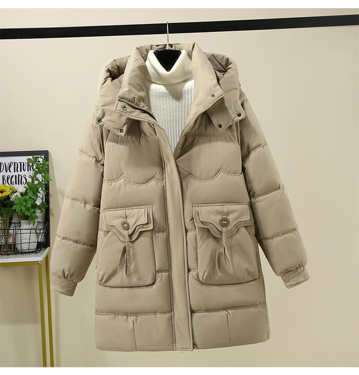 Ladies Long Puffer Jacket with practical hood collar and large pockets Lune London