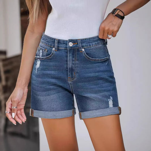 Women's denim shorts in a casual style with fashionable torn details Lune London