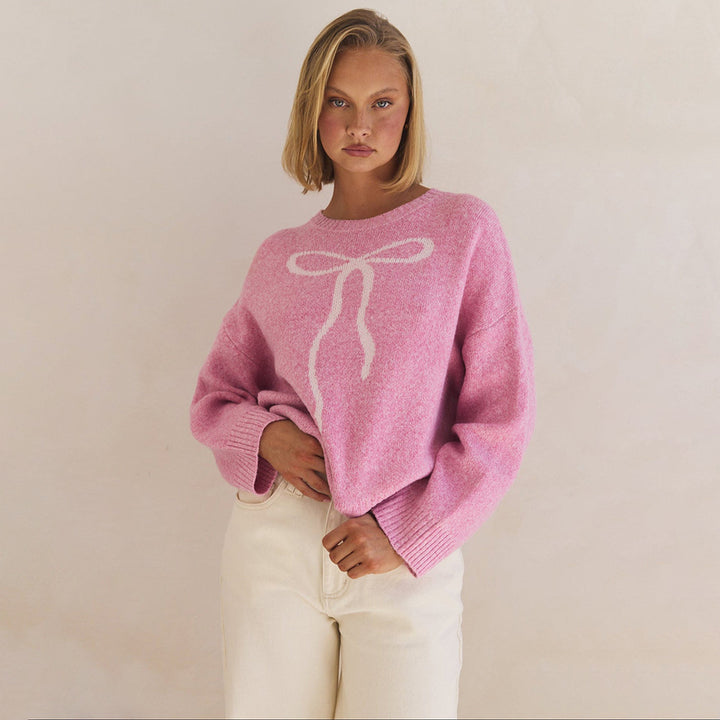 Lune London Plush Women's Sweater with Decorative Bow Pattern