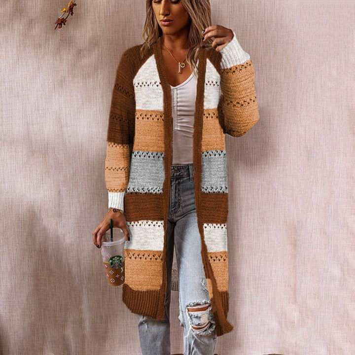 Retro patchwork style women's knitted jacket with long sleeves and a front opening Lune London