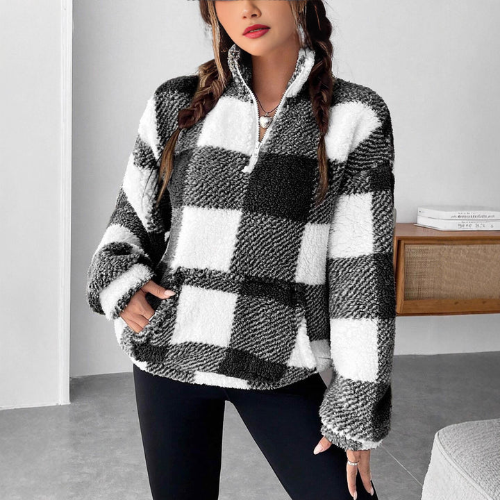 Ladies Plush Tartan Sweater with Half Zip Lune London
