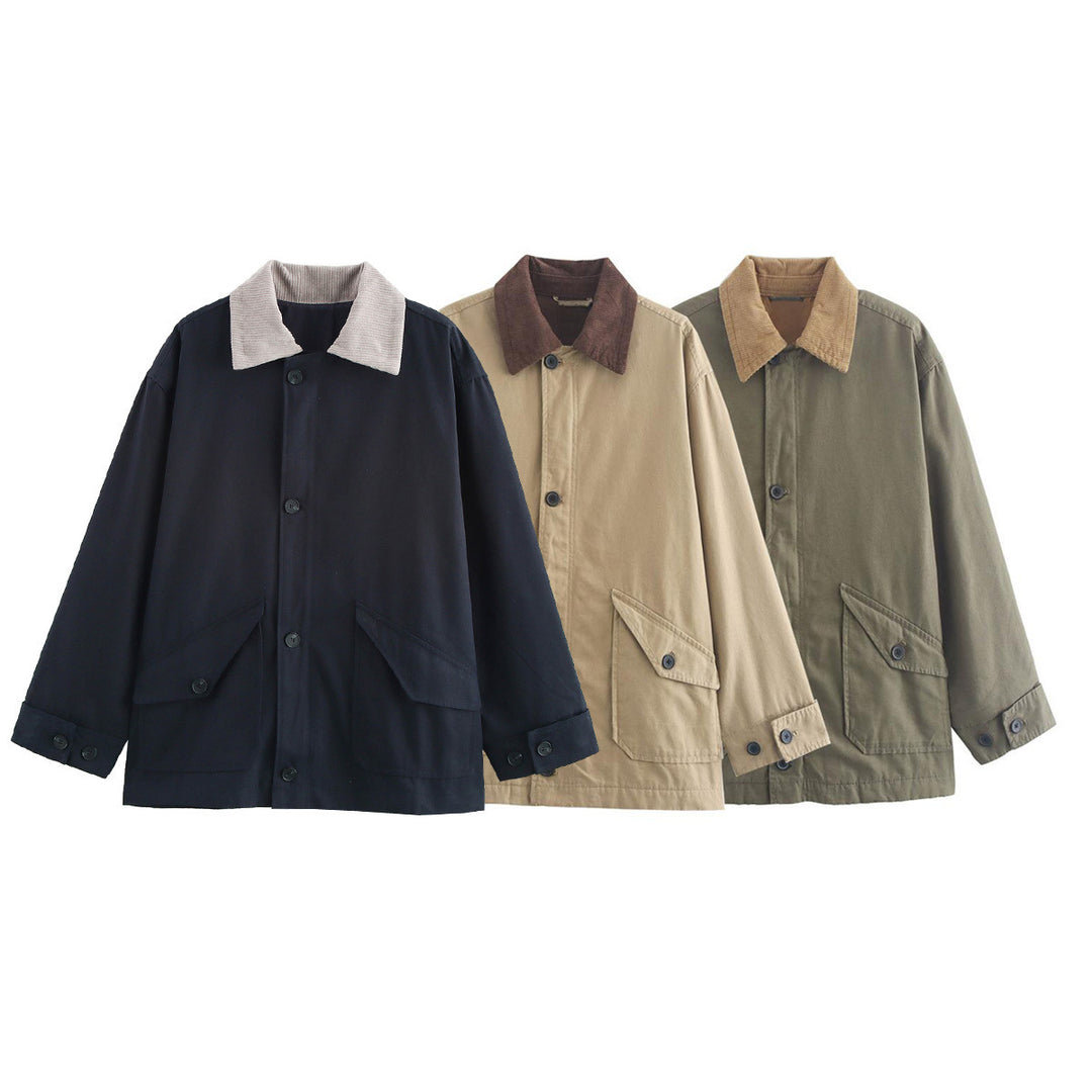 Transitional jacket for women with practical flap pockets and a corduroy collar Lune London