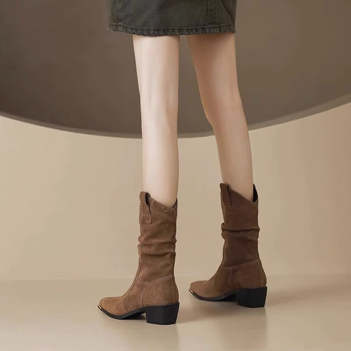 Lune London | Boots - Suede look - Thigh high - Pointed metal cap - Block heel