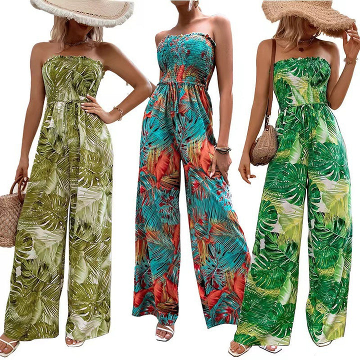 Ladies Tropical Print Wide Leg Jumpsuit Lune London