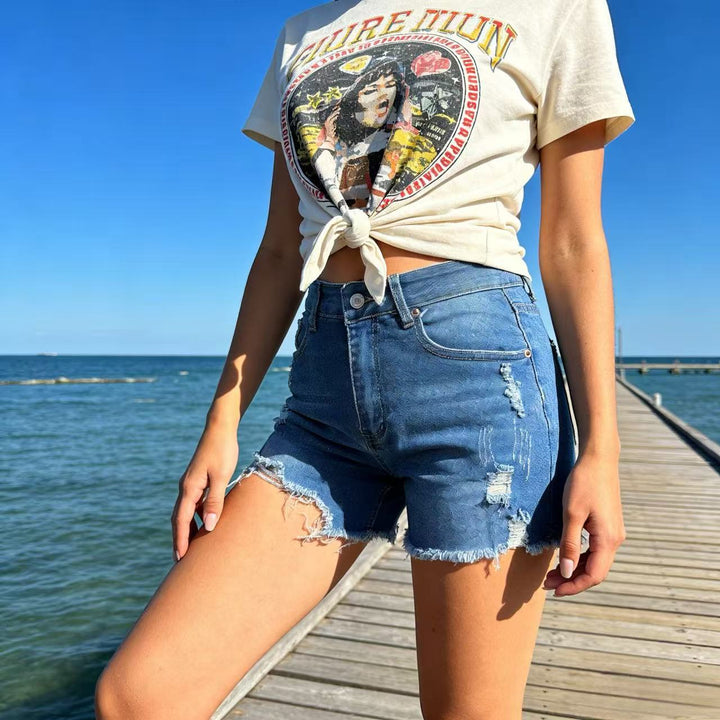 Women's Destroyed Denim Shorts with Frayed Hem and Stylish Ripped Details Lune London