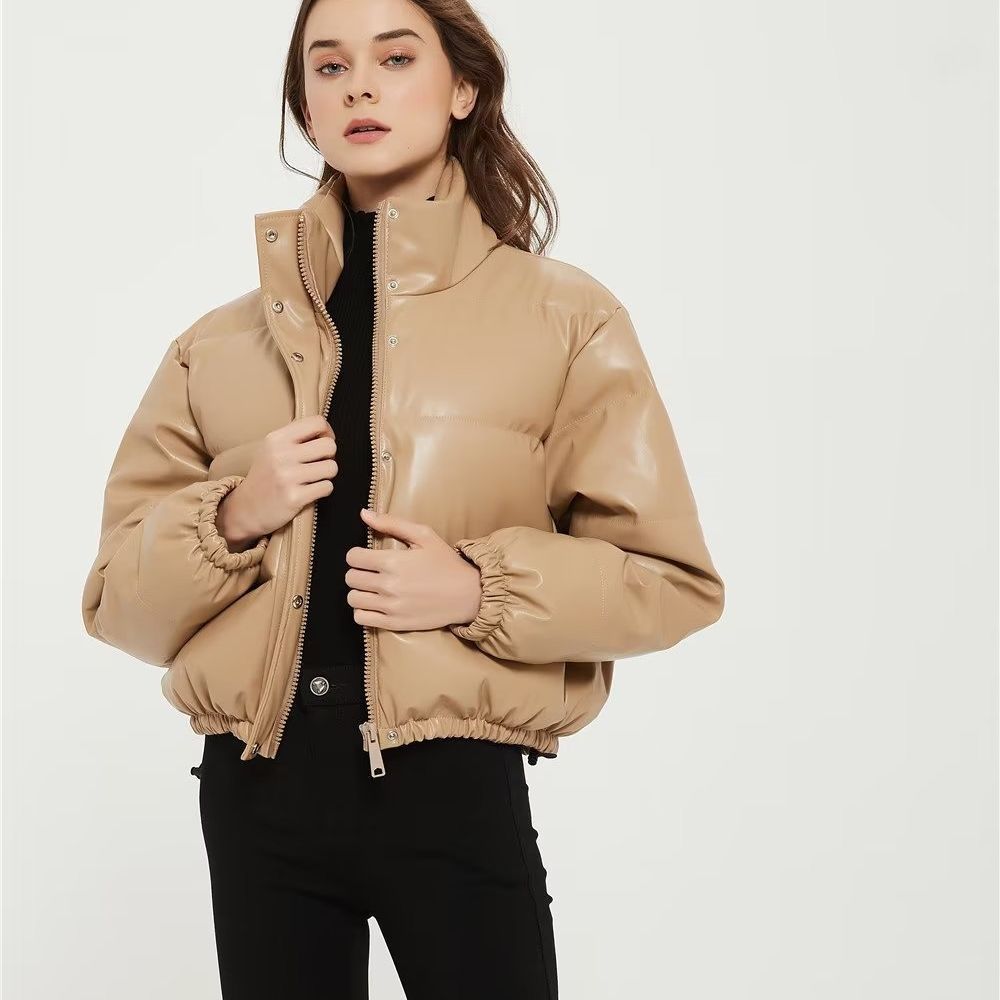Quilted faux leather jacket for women with a high collar and elastic cuffs Lune London