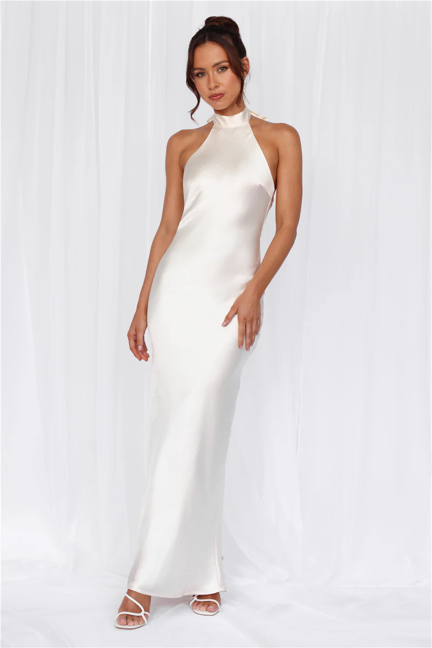 Ladies Elegant Maxi Dress with High Neck Design and Shimmering Satin Finish Lune London