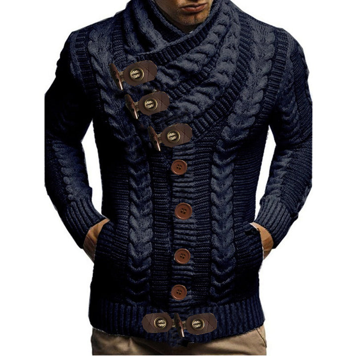 Men's chunky knit jacket with creative shawl collar and button details Lune London