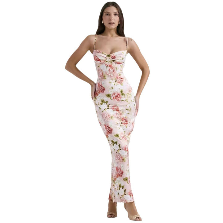 Elegant maxi dress for women with floral pattern and adjustable spaghetti straps Chic & Stil