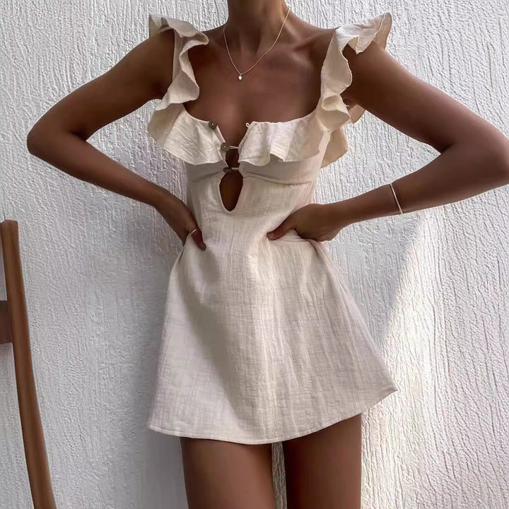 Mini dress for women with ruffled trim and open collar Lune London